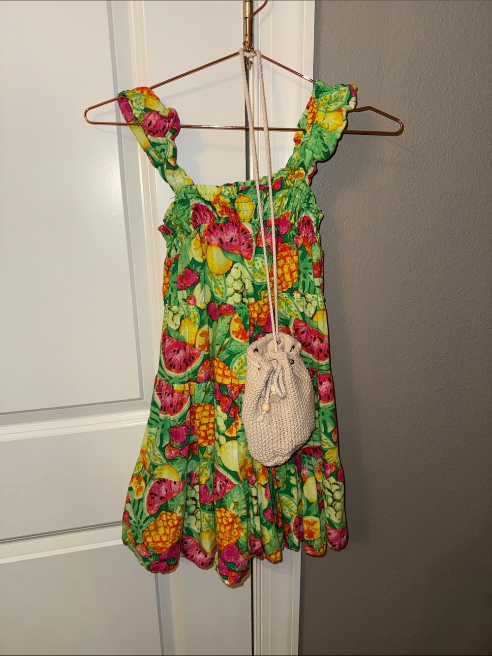 btween Bright Green Tropical Fruit Print Ruffled Sundress